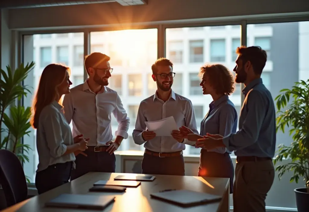 Profissionais diversos colaborando em ambiente de trabalho moderno