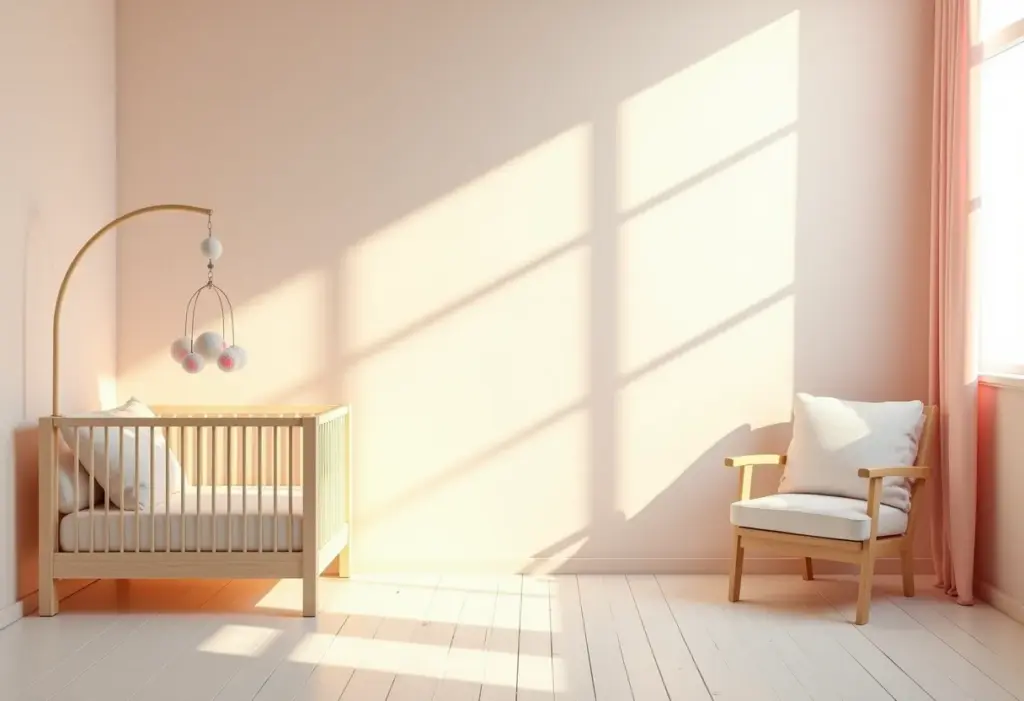 Quarto de bebê com cores suaves e iluminação natural