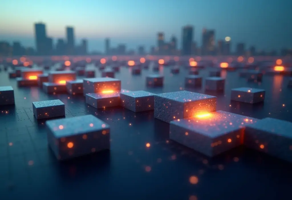 Representação visual da tecnologia blockchain com blocos interconectados e um horizonte futurista