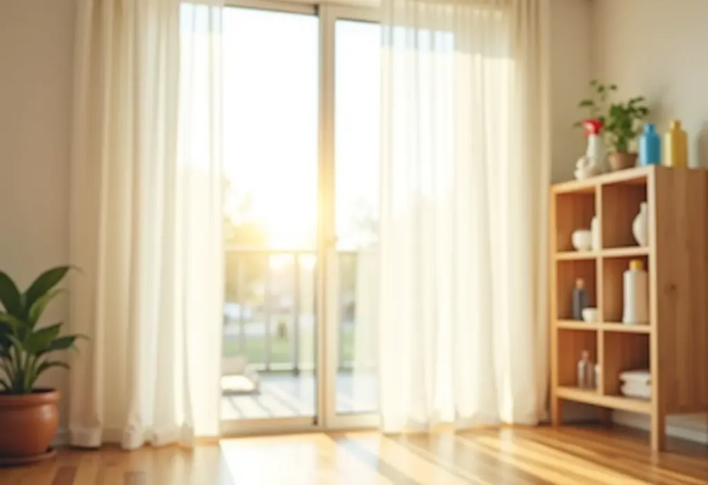 Sala de estar ensolarada com produtos de limpeza organizados, representando um cronograma de limpeza eficaz