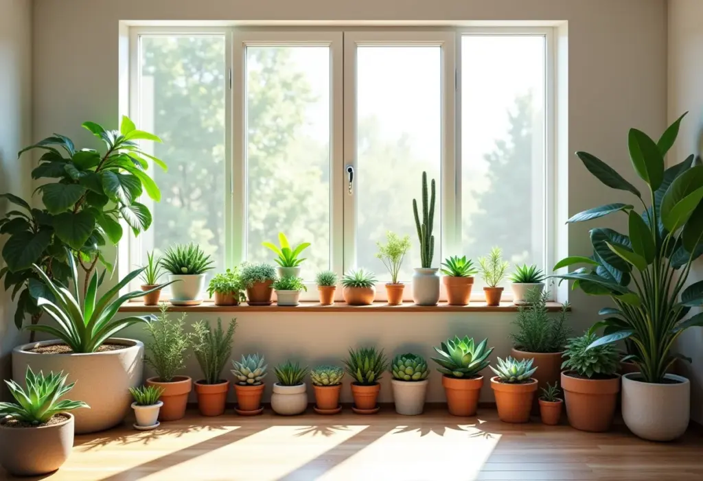 Sala de estar iluminada com diversas suculentas