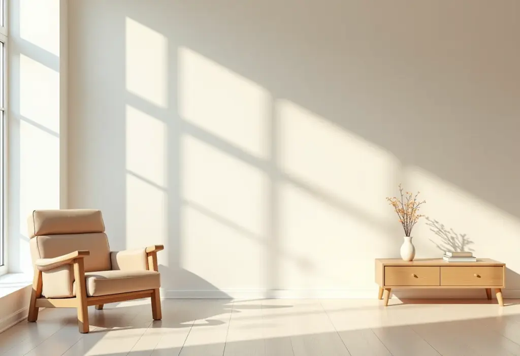 Sala de estar minimalista com paleta de cores claras para ampliar o espaço