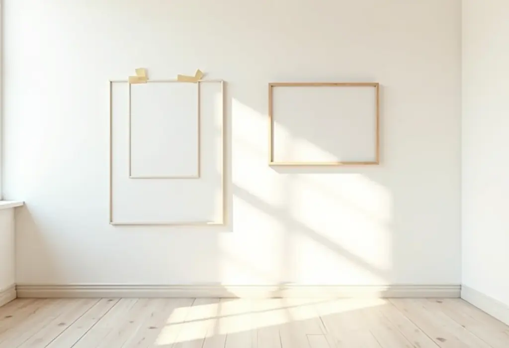 Sala de estar minimalista com quadros fixados com fita dupla face