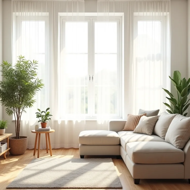Sala de estar minimalista e confortável com plantas e luz natural