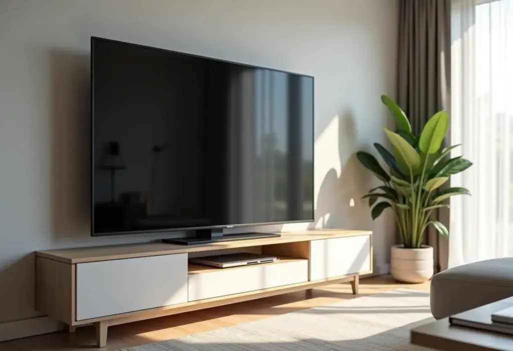 Sala de estar moderna com cabos da TV organizados