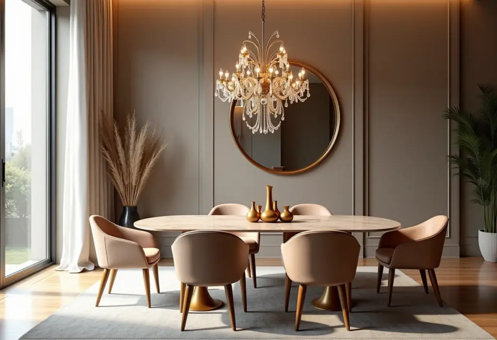 Sala de jantar elegante com espelho bronze refletindo luz suave