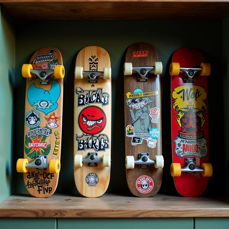 Skates empilhados em prateleira com designs únicos.