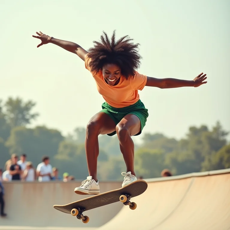 Skatista negra com cabelo cacheado vibrando ao acertar manobra.