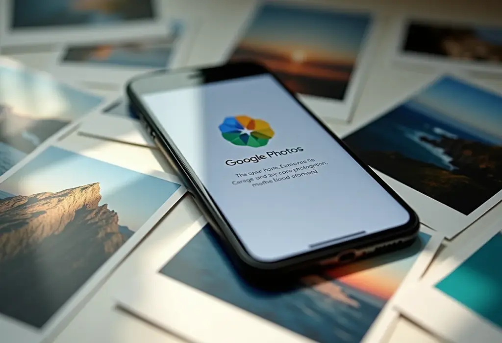 Smartphone exibindo notificação de armazenamento cheio do Google Fotos com fotos impressas ao redor.