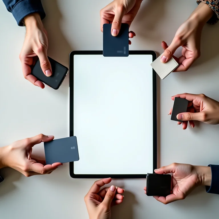 Tablet mostrando opções de pagamento com diversas mãos ao redor.