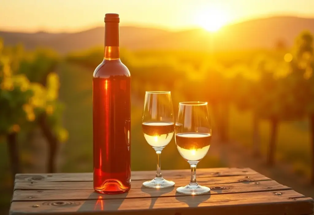 Taças de vinho e garrafa no Vale dos Vinhedos