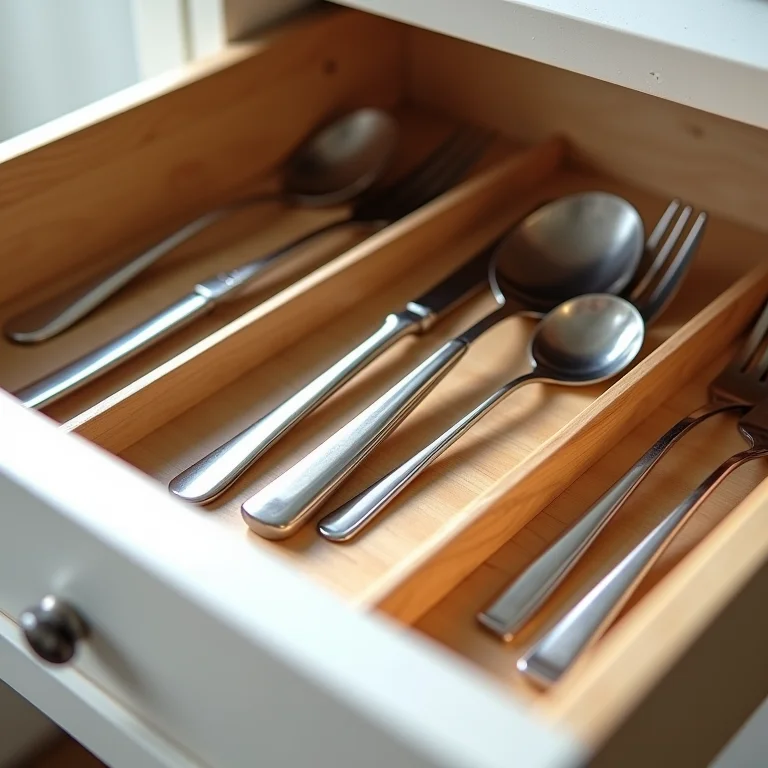 Talheres organizados verticalmente com divisórias para otimizar o espaço