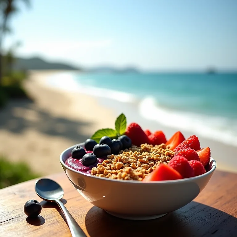 Tigela de açaí com frutas frescas em uma mesa de madeira à beira-mar