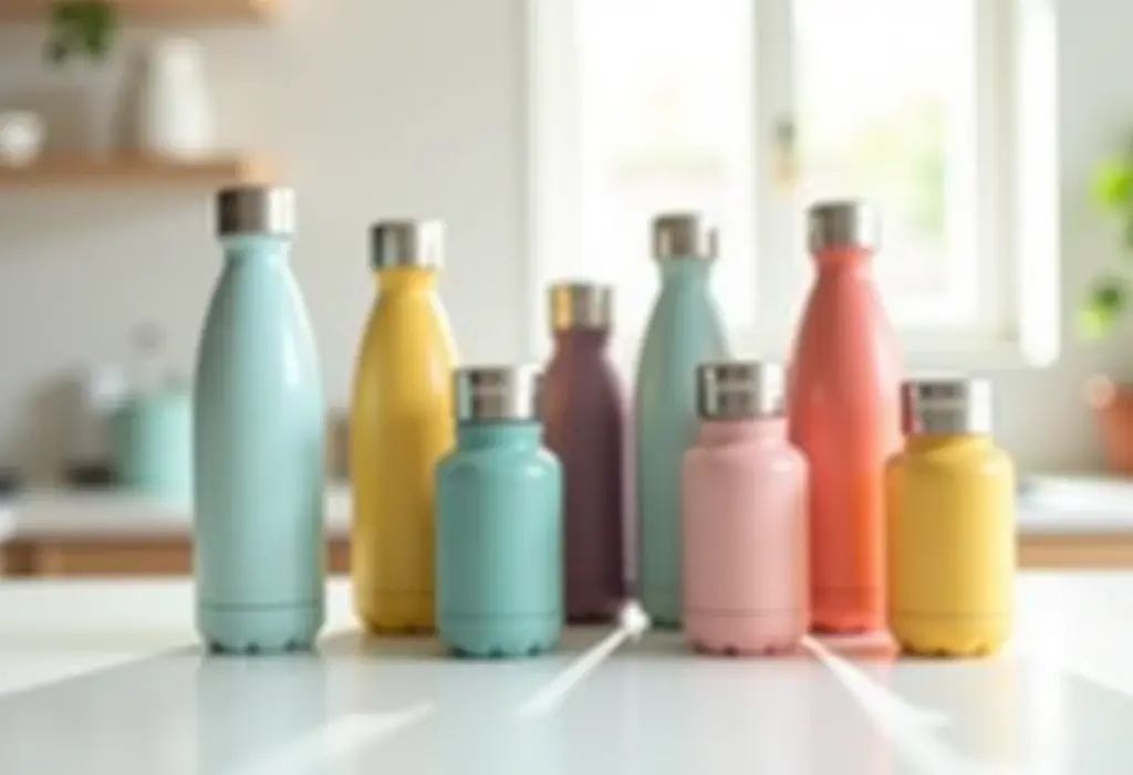 Várias garrafas térmicas de diferentes marcas em bancada de cozinha minimalista.