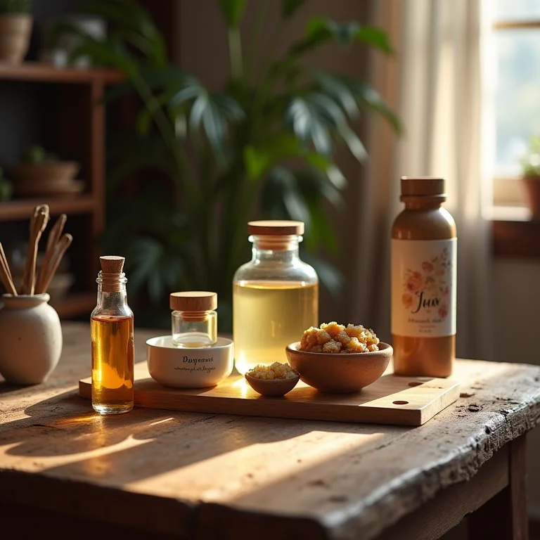 Variedade de produtos artesanais em mesa de madeira rústica