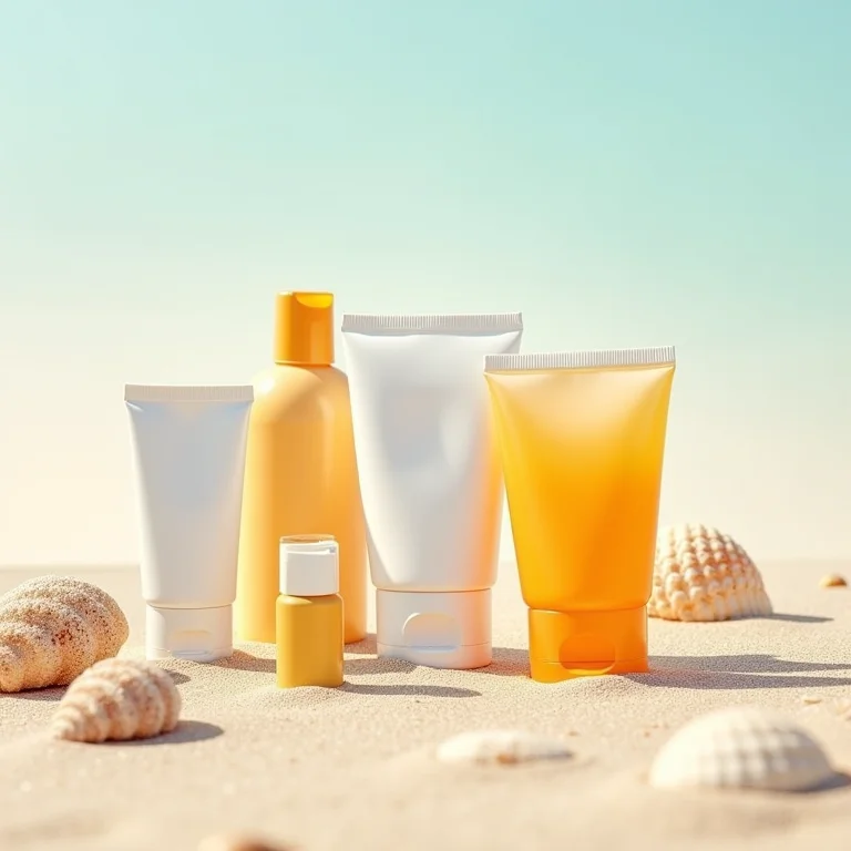 Variedade de protetores solares na areia.