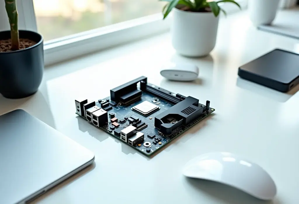 Visão detalhada de uma placa mãe e processador de computador.