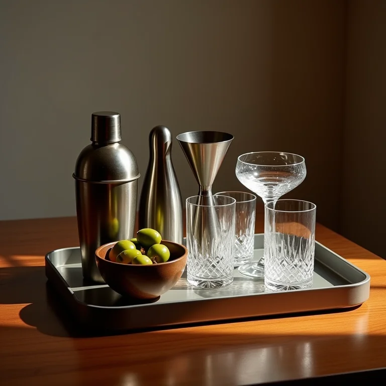 Acessórios de bar sofisticados em bandeja de madeira
