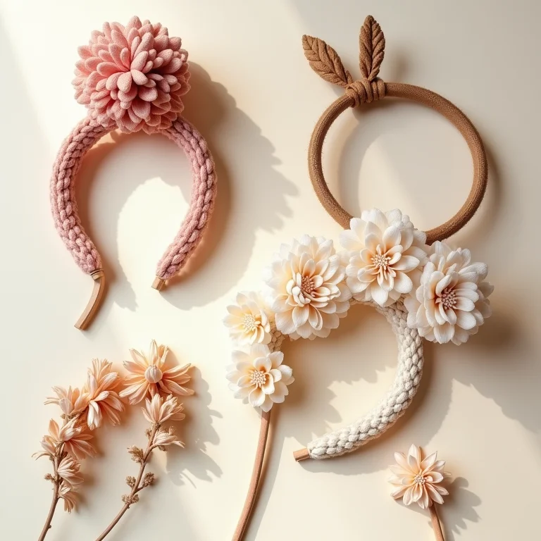 Acessórios de cabelo feitos com upcycling em estilo flat lay