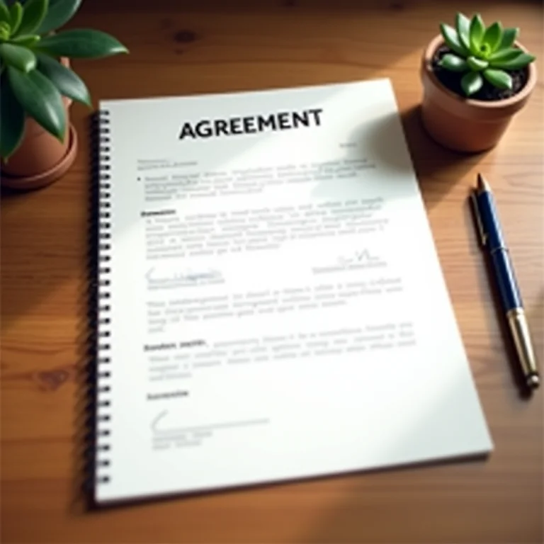 Acordo formal assinado em uma mesa de madeira com caneta e suculenta.