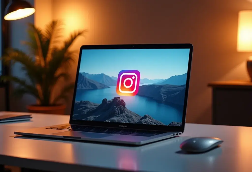 Ambiente de escritório moderno com laptop mostrando interface do Instagram Live.