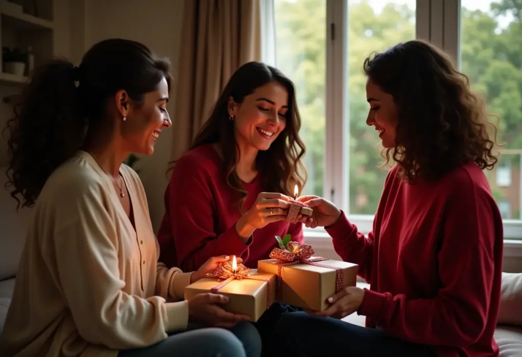 Amigas trocando presentes criativos em festa de Amigo Secreto