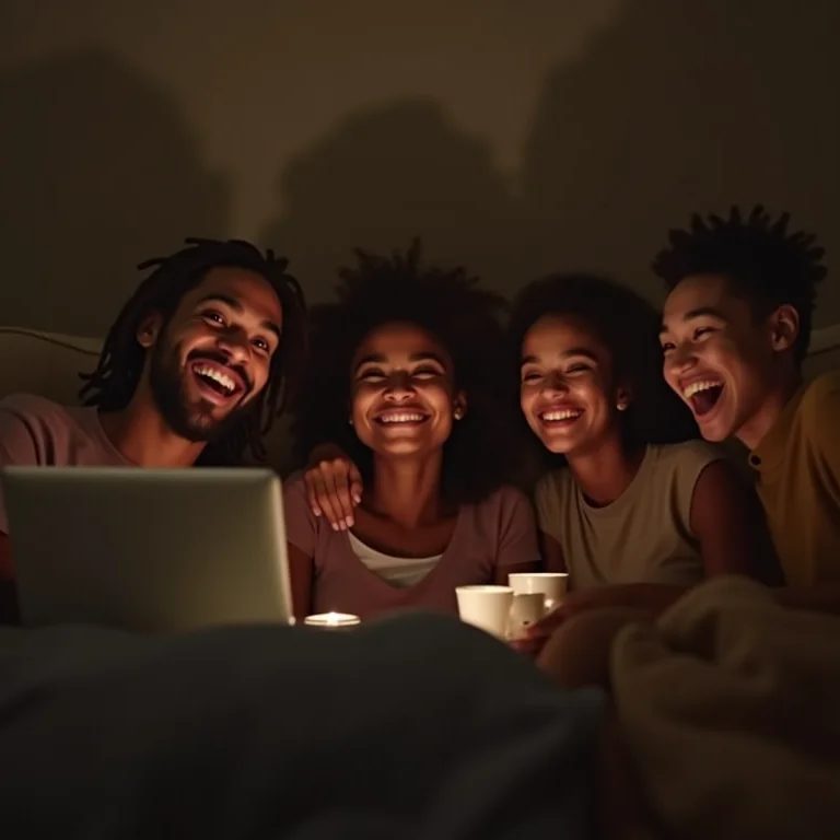 Amigos reunidos assistindo série juntos, compartilhando momentos e risadas