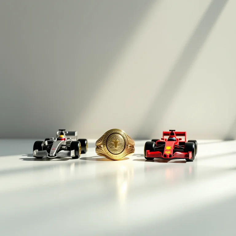 Anéis de campeão e miniaturas de carros de corrida sobre uma mesa.