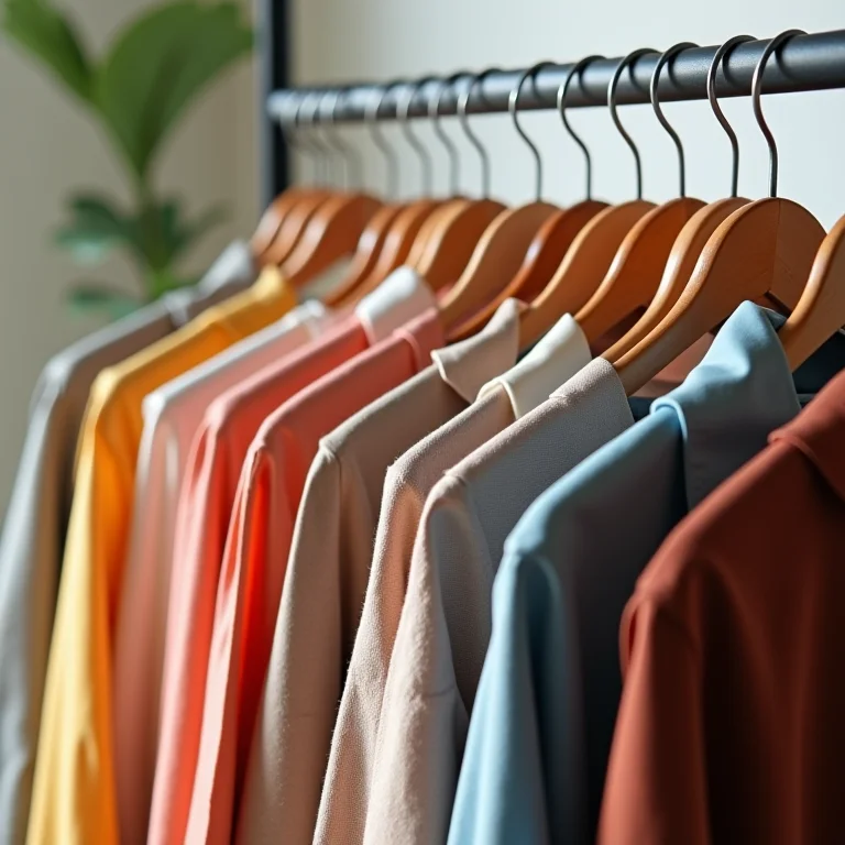 Arara de roupas organizada por cores em um bazar.