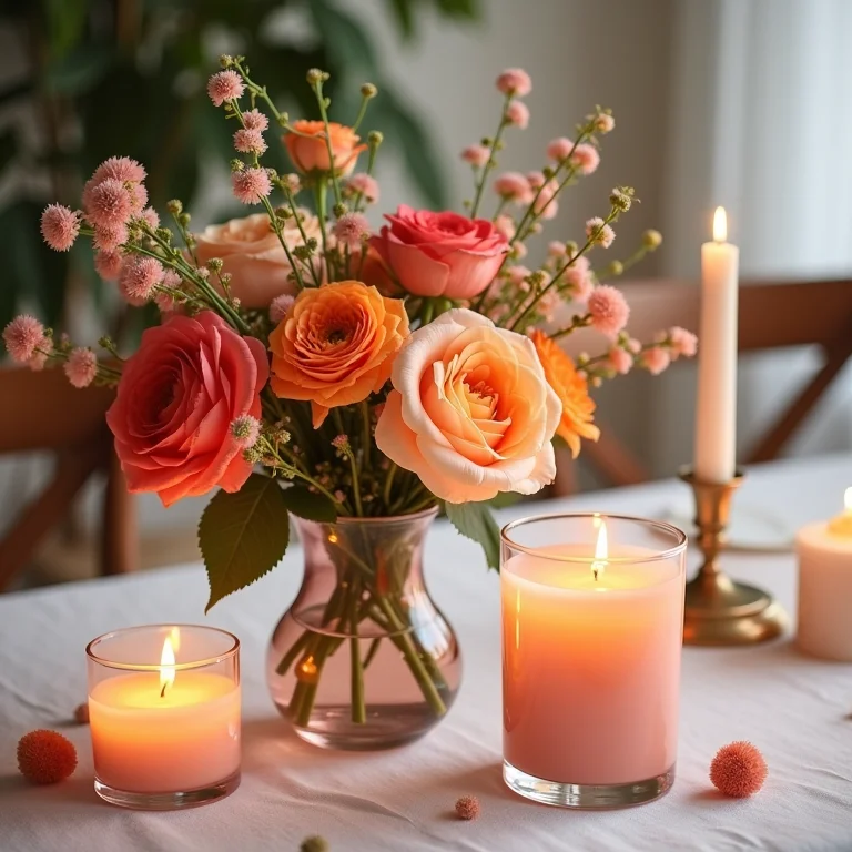 Arranjos florais e velas como centro de mesa.