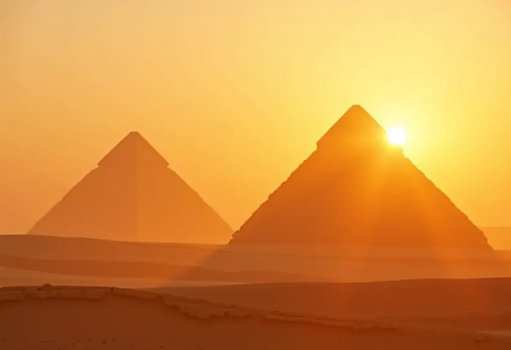 As Pirâmides de Gizé iluminadas pelo sol poente no Egito.
