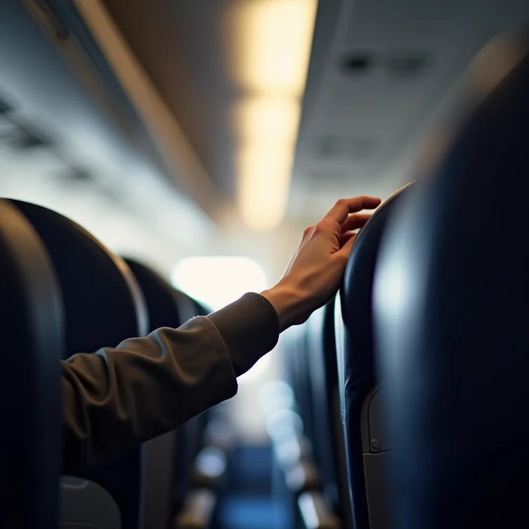 Assento de corredor de avião com mão alcançando o compartimento superior