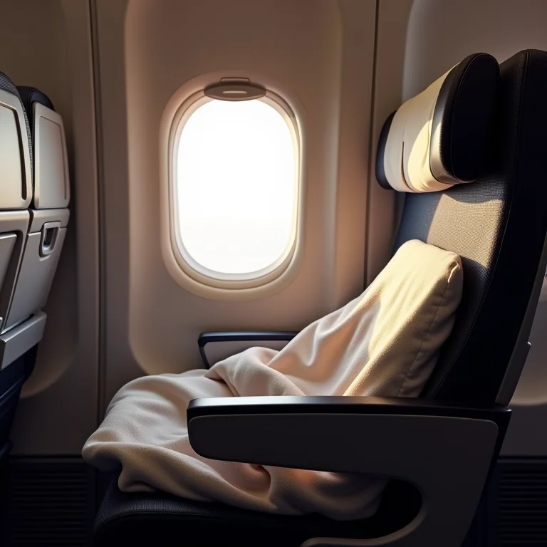Assento de janela de avião com manta e travesseiro de viagem