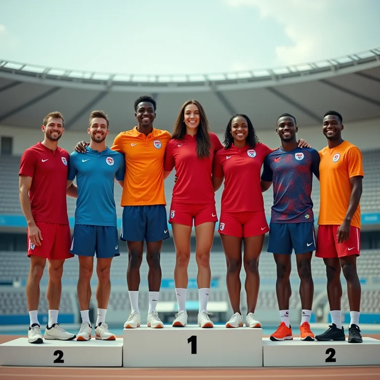 Atletas de diferentes países juntos em um pódio, simbolizando a expansão e os desafios do século XX.