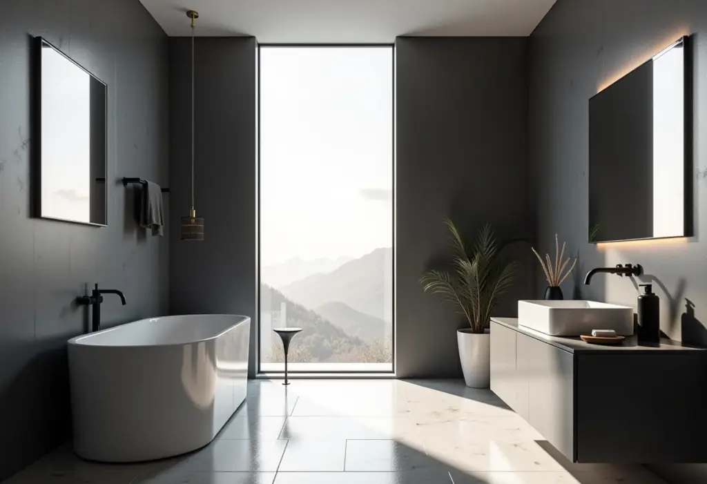 Banheiro preto e branco minimalista com iluminação natural