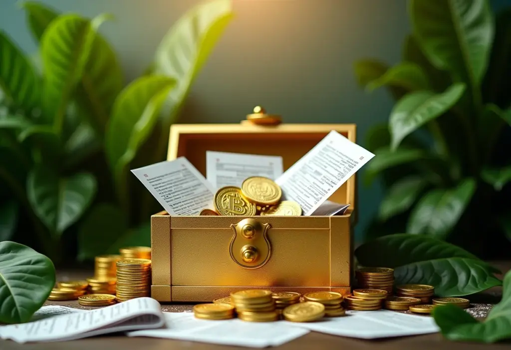 Tesouro Direto para Leigos: Guia Rápido e Sem Complicações Baú do tesouro dourado transbordando documentos financeiros e moedas.