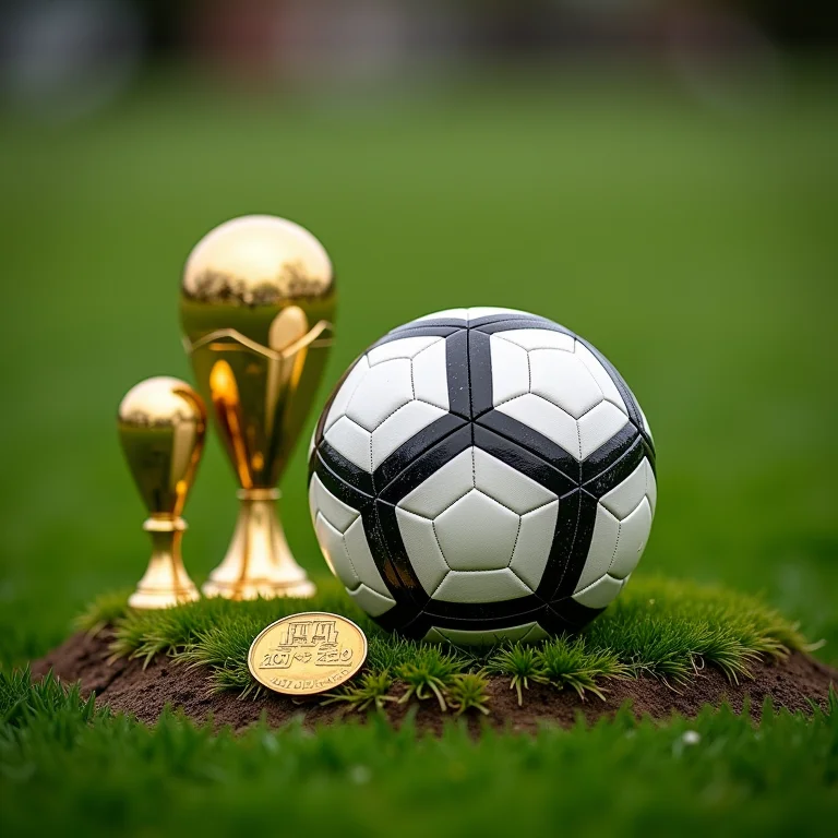 Bola de futebol cercada por troféus e medalhas, representando a história do futebol feminino