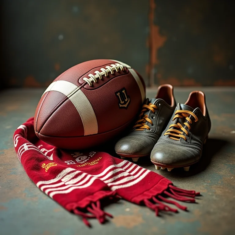 Bola de futebol vintage, chuteiras desgastadas e cachecol de time desbotado.