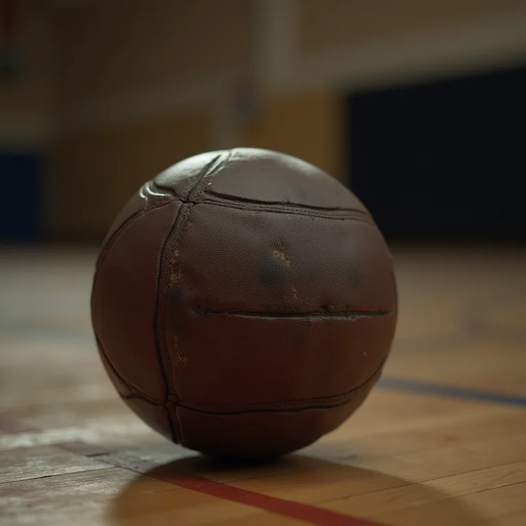 Bola de queimada desgastada em ginásio.