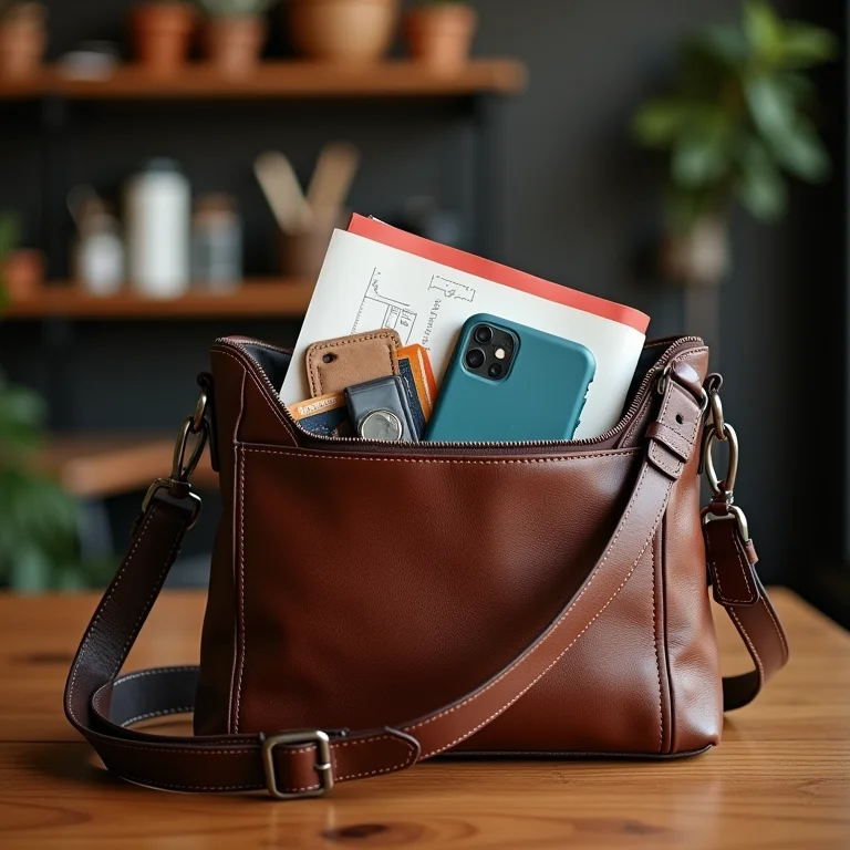 Bolsa tiracolo com documentos, carteira, celular e chaves em cima de uma mesa de madeira