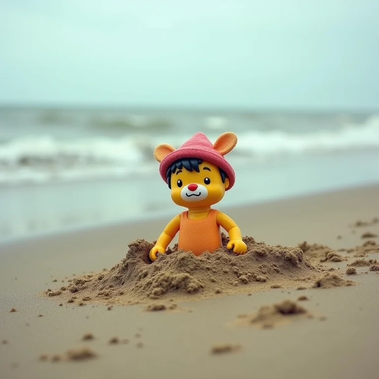 Brinquedo infantil na areia após o tsunami, representando a devastação de 'O Impossível'