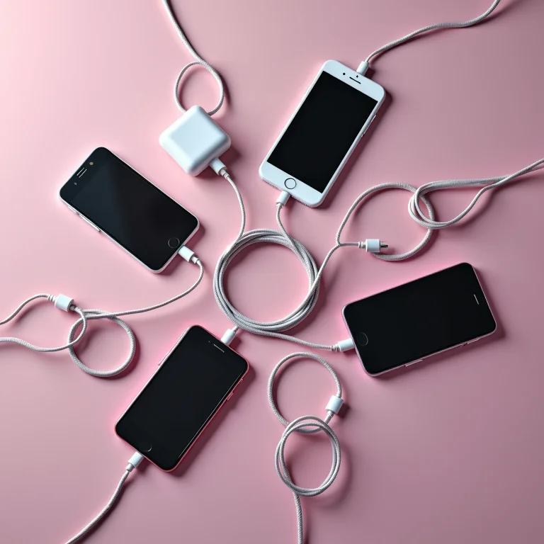 Cabos de carregador conectados a múltiplos smartphones mostrando contas de streaming compartilhadas.