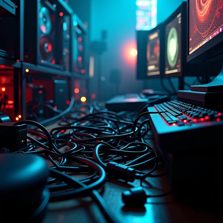 Cabos emaranhados atrás de setup gamer.