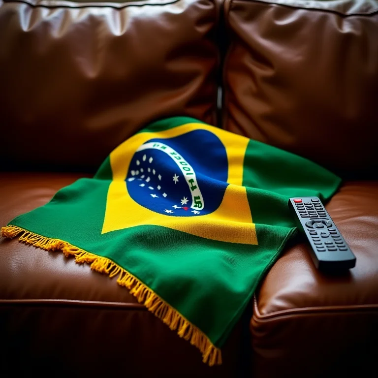 Cachecol da seleção brasileira em sofá de couro com controle remoto