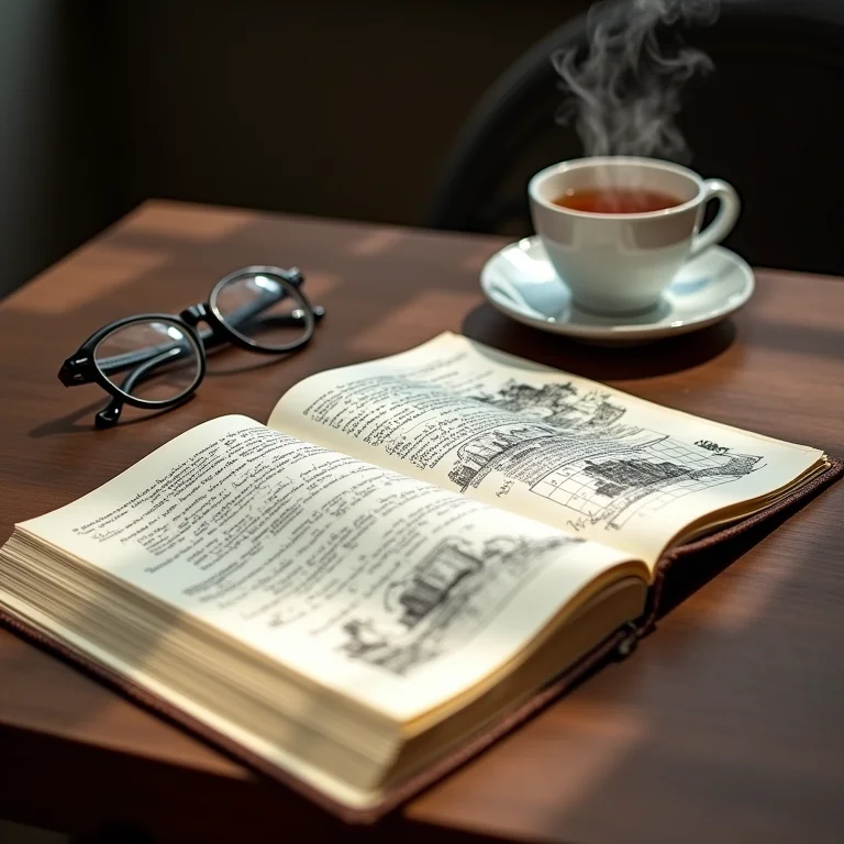 Caderno aberto com anotações sobre história, acompanhado de chá e óculos.