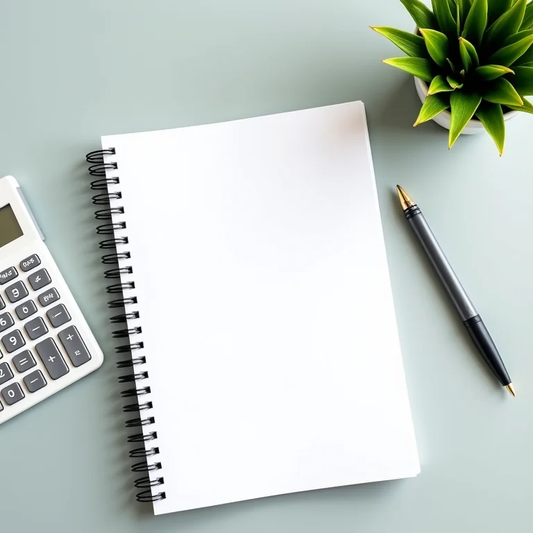 Caderno aberto com planejamento financeiro, calculadora e caneta.