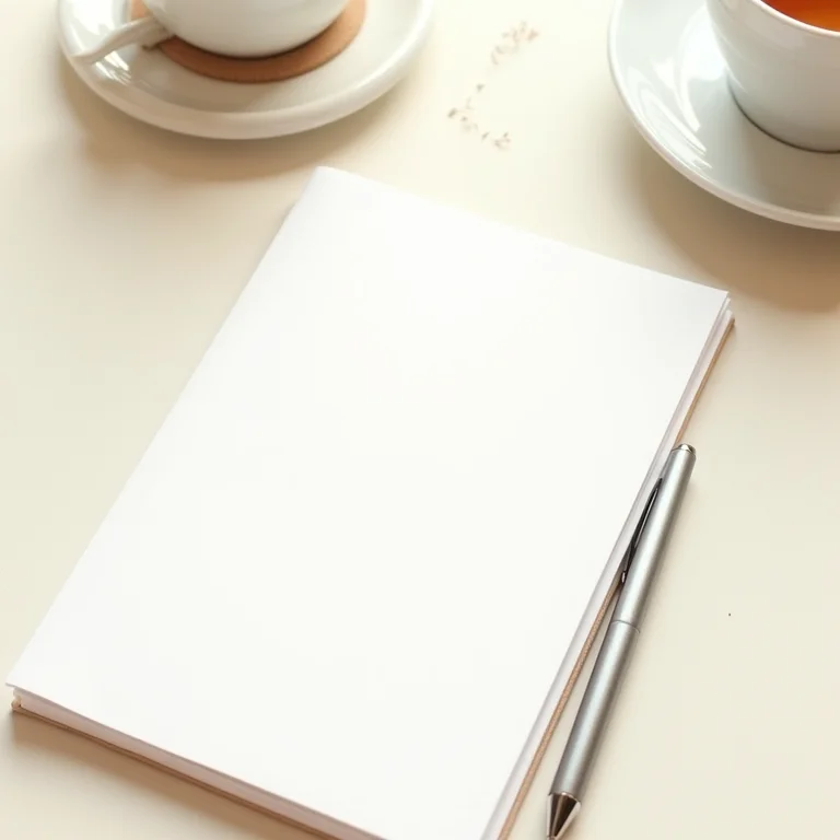 Caderno e caneta ao lado de uma xícara de chá