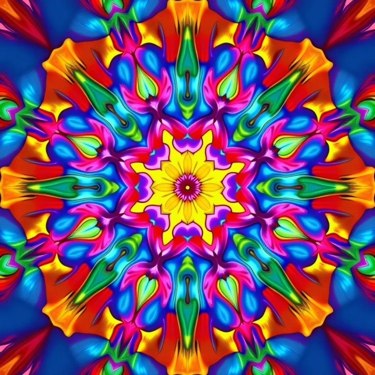 Caleidoscópio com padrões psicodélicos e cores vibrantes