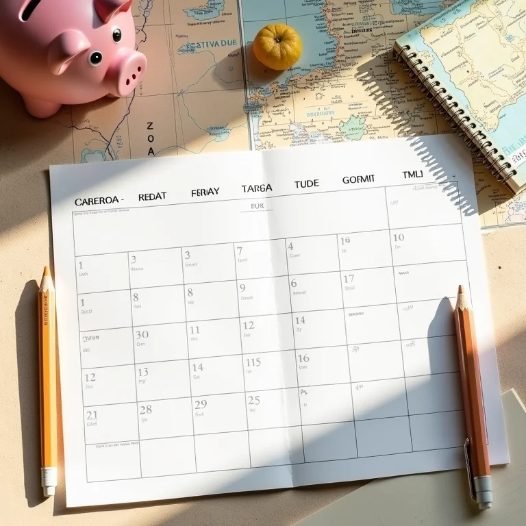 Calendário marcado com datas de viagem, cofrinho e mapa de Gramado e Canela