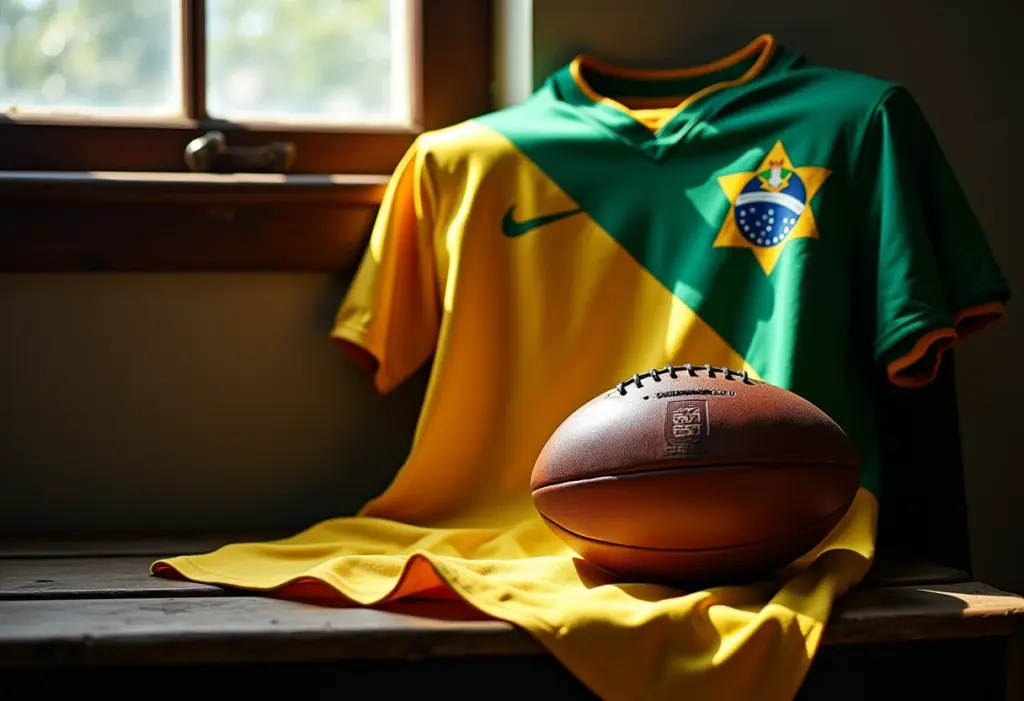Camisa antiga da seleção brasileira e bola de couro sobre banco de madeira